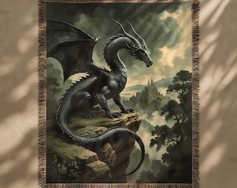 Medieval Dragon Tapestry, Black Dragon Woven Wall Hanging, Castlecore Gothic Medieval Decor, Fantasy Dragon Blanket, Nature Large Tapestry