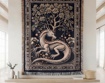 Medieval Dragon Tapestry, Antique Folklore Large Tapestry, Woven Wall Hanging Gothic Medieval Decor, Dark Botanical Fantasy Tapestry Blanket