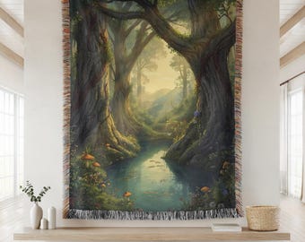 Tapiz de Bosque Encantado, Manta Tejida con Hongos en Estilo Cottagecore, Tapiz Botánico Grande con Naturaleza para Colgar en la Pared, Arte Textil de Bosque