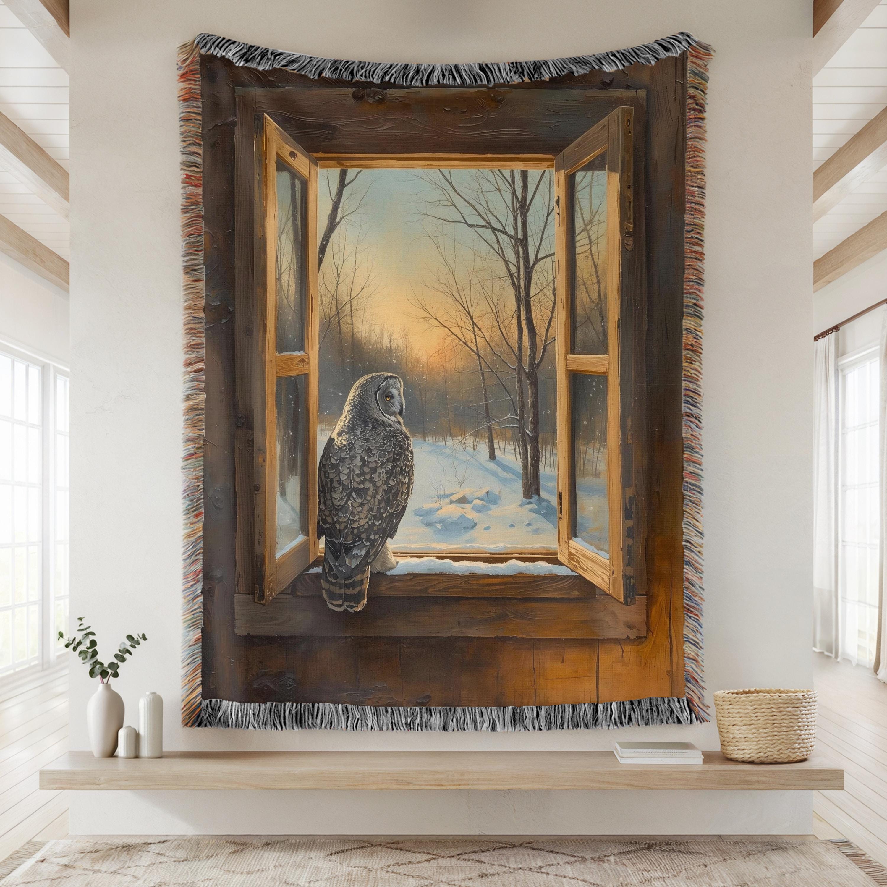 Great Grey Owl Fantasy Tapestry, Wizard School Window Large Tapestry, Magic World Woven Wall Hanging
