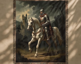 Medieval Tapestry, Knight on White Horse Large Tapestry, Woven Knight Decor, Antique Tapestry, Wall Tapestry Hanging, Woven Wall Hanging