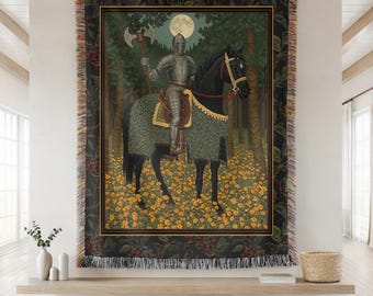 Medieval Tapestry, Green Knight Large Tapestry, Knightcore Woven Wall Hanging, Fantasy Forest Textile Wall Art Antique Floral Gothic Blanket