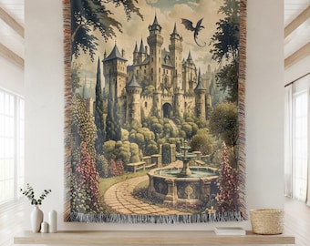Medieval Tapestry, Castle Garden Large Tapestry, Woven Wall Hanging Dragon Blanket, Castlecore Gothic Medieval Decor, Antique Textile Art