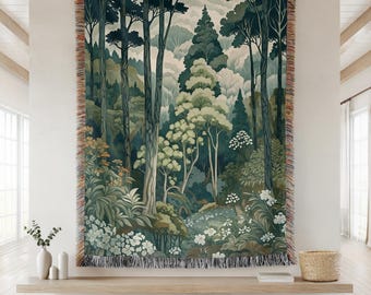 Botanical Forest Tapestry, Ethereal Nature Large Tapestry Cottagecore Throw Blanket, Woodland Folklore Woven Wall Hanging William Morris Art