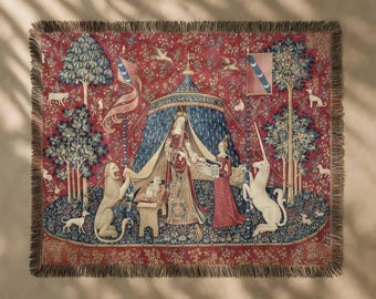 Medieval Tapestry, The Lady and the Unicorn Woven Blanket, 15th Century French Tapestry Antique Woven Wall Hanging, Vintage Textile Wall Art