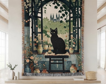 Black Cat Botanical Tapestry, Halloween Blanket, Floral Gothic Large Tapestry, Witchy Woven Wall Hanging, Whimsigoth Decor, Textile Wall Art