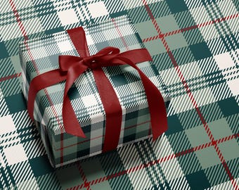 Emballage cadeau à carreaux vert sauge, papier d'emballage de Noël vintage, emballage cadeau de vacances élégant, papier tartan vert et crème, emballage de Noël rustique