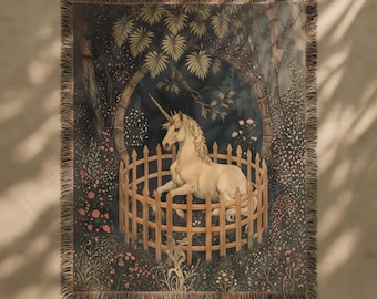 Tapeçaria medieval com unicórnio, manta de parede tecida na floresta, tapeçaria francesa antiga, arte inspirada no unicórnio em cativeiro, decoração medieval.