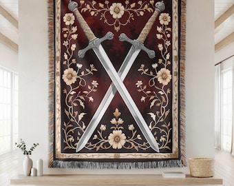 Medieval Sword Tapestry, Woven Gothic Medieval Large Tapestry, Antique Floral Tapestry Blanket, Castlecore Knight Decor Textile Wall Art