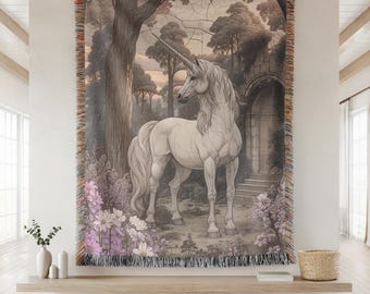 Unicorn Fantasy Tapestry, Castlecore Floral Woven Wall Hanging, Folklore Woven Blanket Art, Fairytale Forest Large Tapestry, Medieval Decor