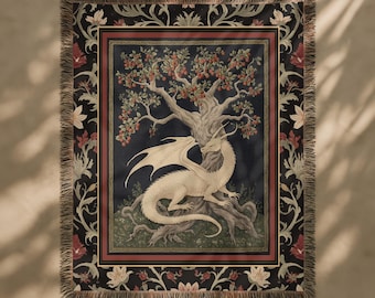 Dragon Medieval Tapestry, Botanical Folklore Large Tapestry Gothic Fantasy Throw Blanket, Antique Nature Woven Wall Hanging Whimsigoth Decor