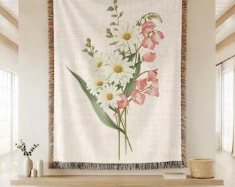 April Birth Month Flower Custom Tapestry, Floral Customizable Blanket, Daisy & Sweet Pea Woven Wall Hanging Personalized Large Tapestry Gift