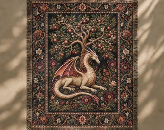 Medieval Tapestry, Botanical Dragon Blanket, Vintage Folklore Woven Wall Hanging, Gothic Medieval Decor Dark Fantasy Floral Textile Wall Art