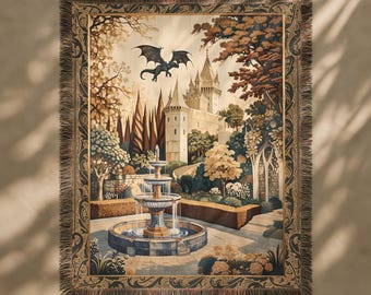 Medieval Tapestry, Castle Garden Woven Blanket, Fantasy Dragon Large Tapestry, Castlecore Antique Tapestry Blanket, Gothic Medieval Decor