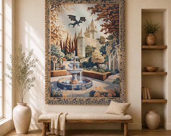 Medieval Tapestry, Castle Garden Woven Blanket, Fantasy Dragon Large Tapestry, Castlecore Antique Tapestry Blanket, Gothic Medieval Decor