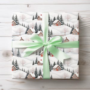 Vintage Christmas Wrapping Paper, Winter Village Seasonal Gift Wrap, Snowy Holiday Landscape Paper, Cottagecore & Pine Tree Gift Wrap