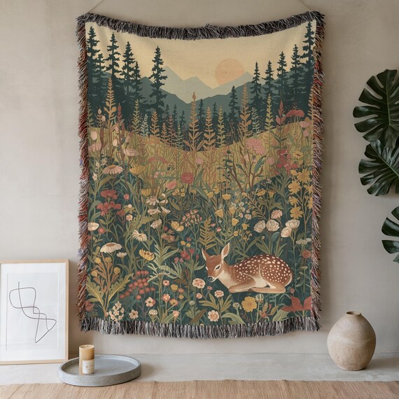 Sleeping Fawn Forest Tapestry, William Morris Wall Art, Woodland