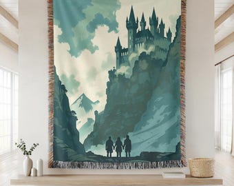Tovenaarsschool fantasie wandtapijt, groot wandtapijt magisch kasteel, groenblauw tovenaarsboekdeken, donkere Academia geweven muurhanger, cadeau boekenliefhebber