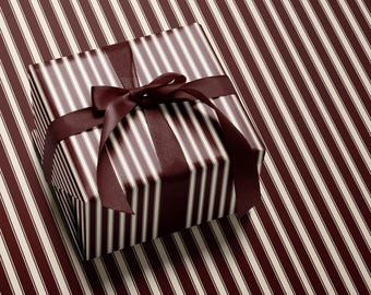Burgundy Striped Gift Wrap, Vintage Christmas Wrapping Paper, Classic Holiday Gift Packaging, Unique Xmas Dark Red and Cream Stripes Paper