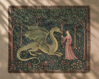 Medieval Tapestry, Vintage Dragon Blanket, Mythical Forest Woven Wall Hanging, Fantasy Nature Textile Wall Art, Botanical Medieval Decor
