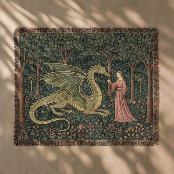 Medieval Tapestry, Vintage Dragon Blanket, Mythical Forest Woven Wall Hanging, Fantasy Nature Textile Wall Art, Botanical Medieval Decor
