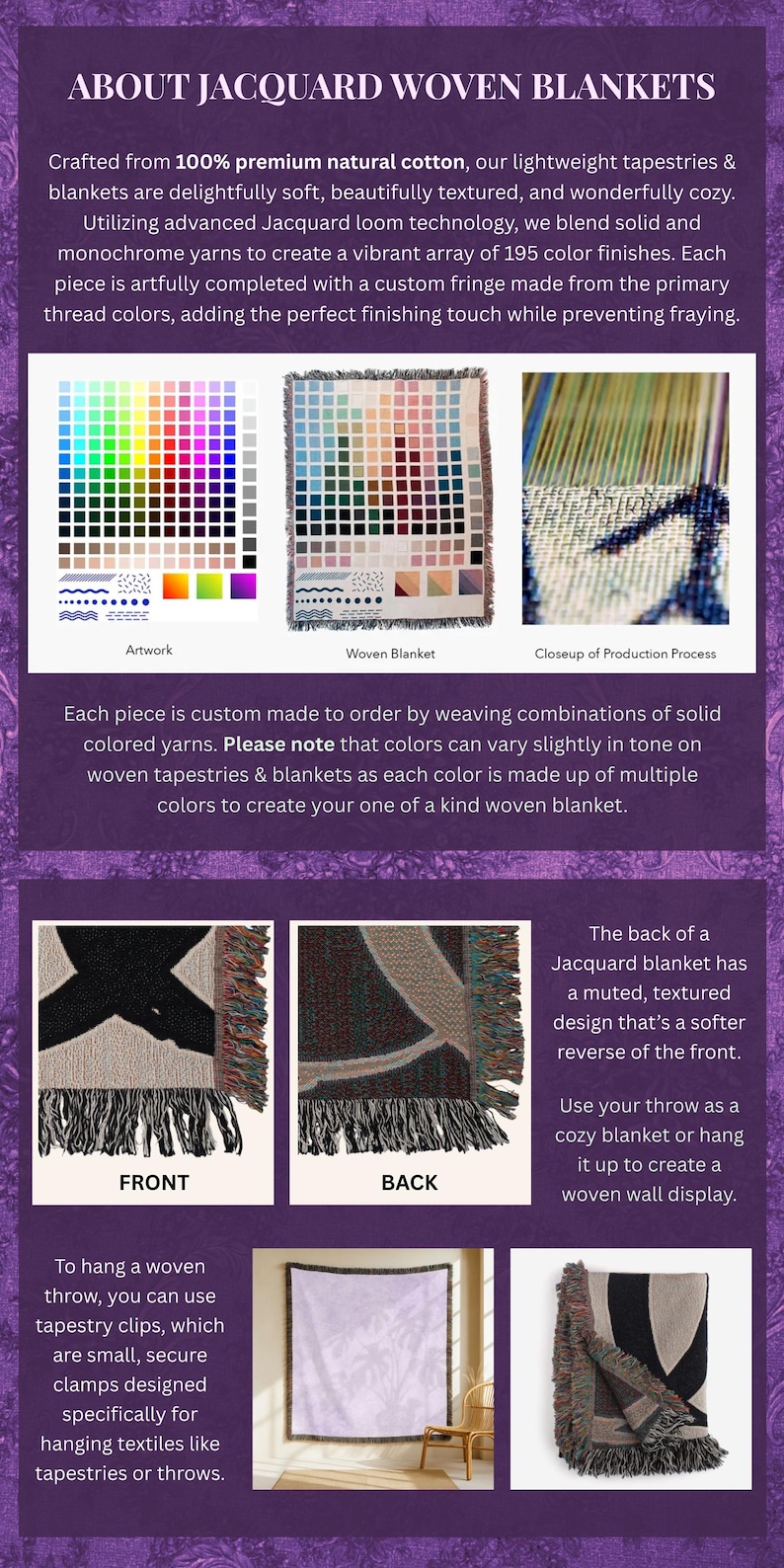 May include: A graphic detailing Jacquard woven blankets. The text describes the blankets as soft, textured, and cosy, made from natural cotton with 195 colour finishes. Includes images of artwork, a woven blanket, and a close-up of the production process.