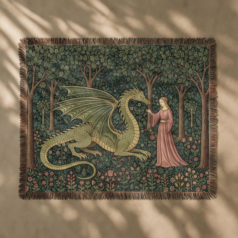 May include: A tapestry depicting a dragon and a woman in a forest. The dragon is green with large wings, and the woman wears a pink dress. The background is a detailed forest scene with trees and flowers, framed with a fringed edge.