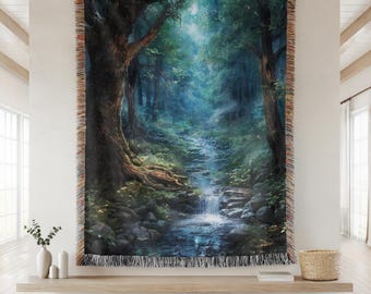 Tapiz de bosque, tapiz tejido con un bosque brumoso encantado, tapiz grande con paisaje Forestcore, arte textil botánico para pared para amantes de la naturaleza