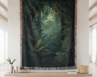 Tapiz de bosque brumoso, manta tejida estilo cottagecore oscuro, tapiz botánico grande, tapiz de pared tejido con motivos góticos y naturaleza, arte textil de pared con selva.