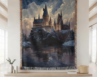 Tovenaarsschool fantasie wandtapijt, leesgrage magische wereld geweven muur, Castlecore boekdeken, cadeau toverboek minnaar, textiel muurkunst