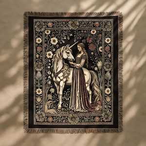 Lady with Unicorn Tapestry, Medieval Large Tapestry, Floral Woven Wall Hanging, Gothic Medieval Decor, Antique Fantasy Tapestry Blanket Art