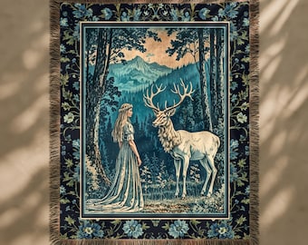 Mountain Goddess Medieval Tapestry, Ethereal Forest Large Tapestry, Cottagecore Fantasy Throw Blanket, Woodland Folklore Woven Wall Hanging