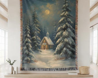 Jultapet, kapell i snöig skog julfilt, antik naturtapet vintersemester vävd väggbonad jul heminredning present