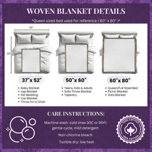 May include: Image detailing woven blanket sizes: 94cm x 132cm, 127cm x 152cm, and 152cm x 203cm. Care instructions include machine wash cold (max 30C), gentle cycle, mild detergent, non-chlorine bleach, and tumble dry low. Made of 100% cotton.