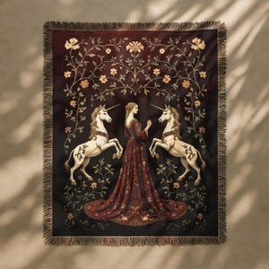 Lady and the Unicorn Tapestry, Medieval Tapestry, Vintage Woven Blanket, Large Wall Tapestry, Woven Wall Hanging, Gothic Medieval Decor
