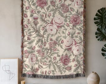 Groot tapijt roos en distel, William Morris kunst aan de muur, bloemen middeleeuws tapijt, antiek geweven wandkleed, roze coquette deken