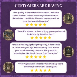 Puede incluir: Un fondo morado con rese&ntilde;as de clientes y calificaciones de cinco estrellas. El texto en la parte superior dice "CUSTOMERS ARE RAVING". Las rese&ntilde;as mencionan tapices y mantas.