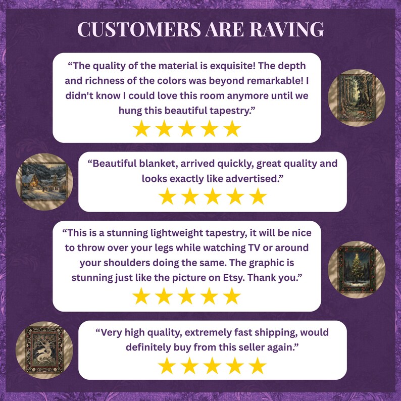 Puede incluir: Un fondo morado con rese&ntilde;as de clientes y calificaciones de cinco estrellas. El texto en la parte superior dice "CUSTOMERS ARE RAVING". Las rese&ntilde;as mencionan tapices y mantas.