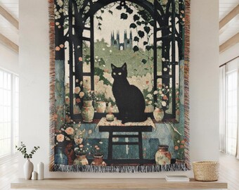 黒猫の大型タペストリー、ハロウィンブランケット、花柄ゴシック