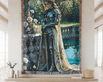 Lady Knight Mittelalterlicher Wandbehang, Märchengarten, Großer Wandteppich, Wandbehang, Antike Textilkunst