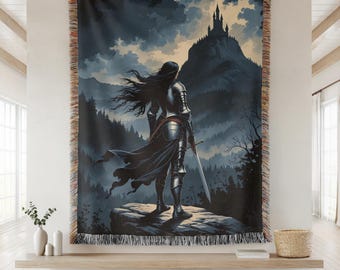 Medieval Lady Knight Tapestry, Gothic Large Tapestry, Castlecore Woven Wall Hanging, Dark Academia Knight Decor, Fantasy Textile Wall Art