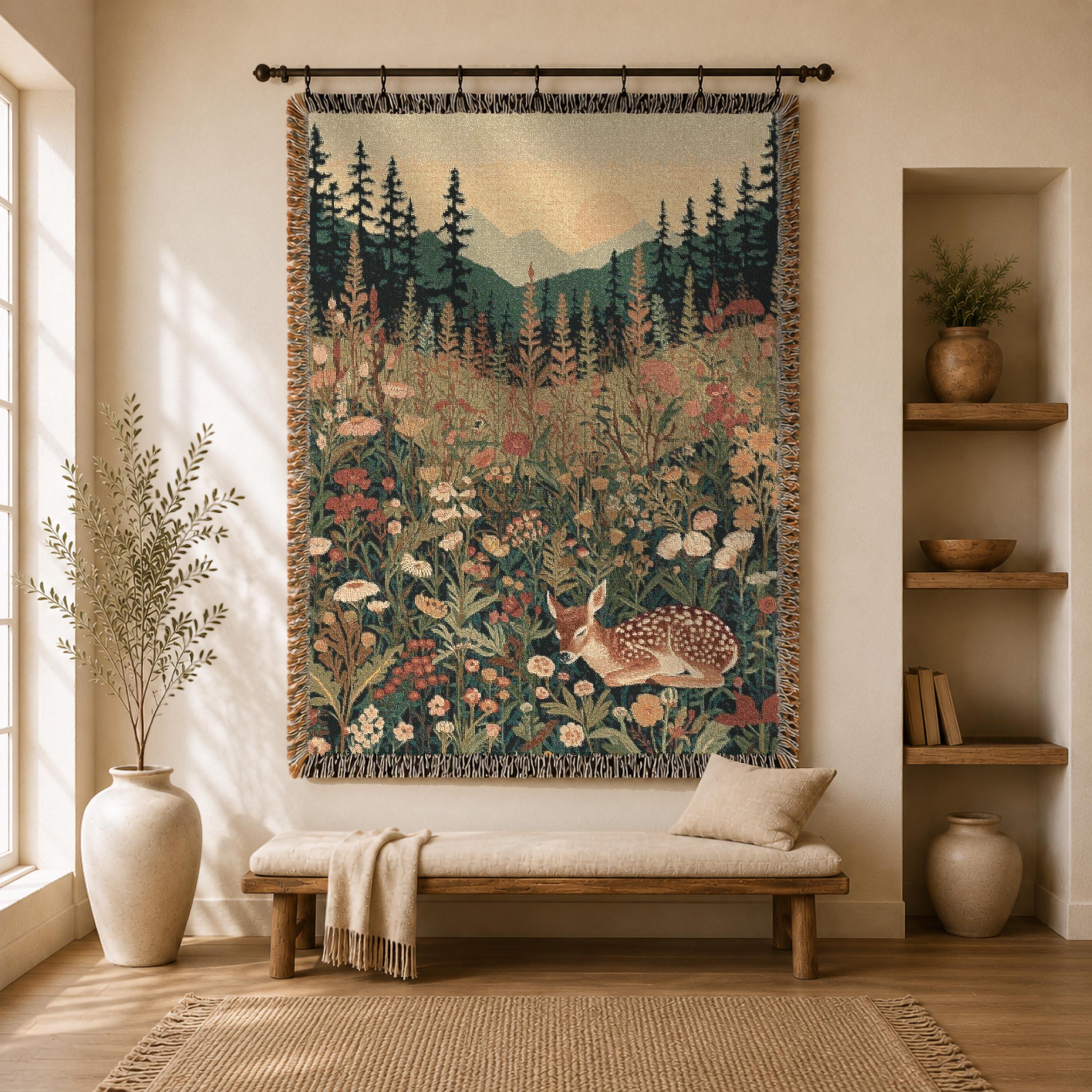 Sleeping Fawn Forest Tapestry, William Morris Wall Art, Woodland