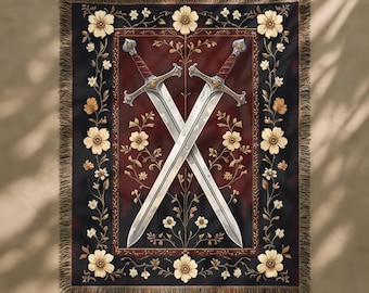 Medieval Tapestry Sword Woven Blanket, Floral Gothic Large Tapestry, Castlecore Throw Antique Wall Hanging, Knight Decor Textile Wall Art