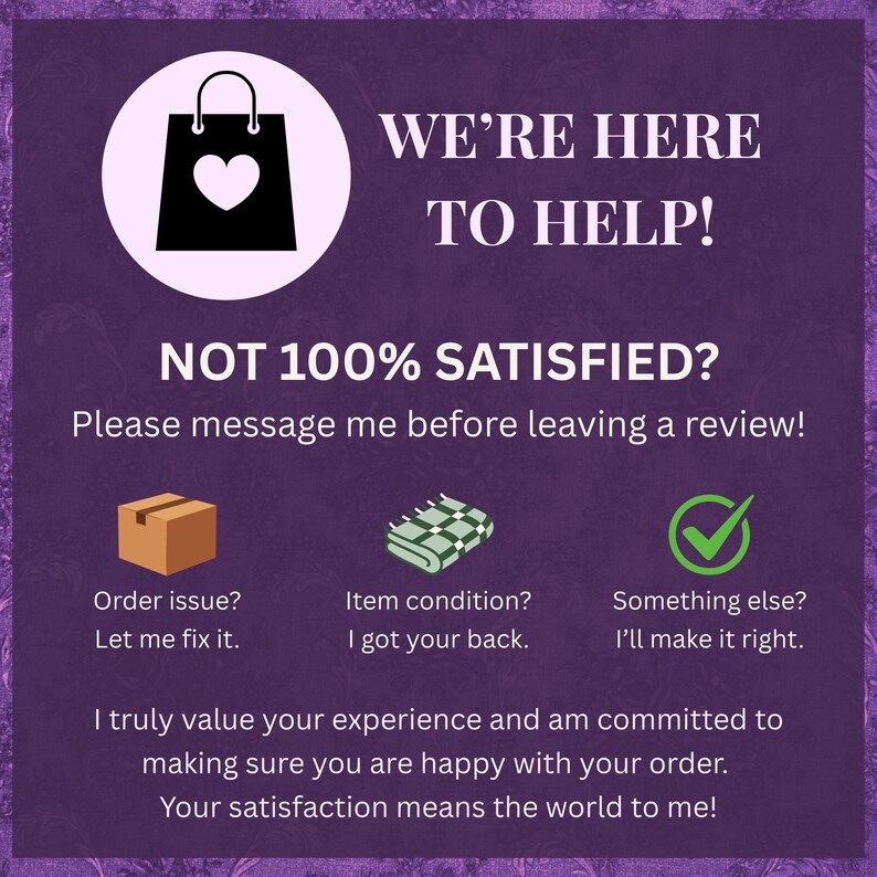 Puede incluir: Gr&aacute;fico morado con texto blanco: "&iexcl;ESTAMOS AQU&Iacute; PARA AYUDARTE!" y "&iquest;NO EST&Aacute;S 100% SATISFECHO?" con iconos de una caja, una manta y una marca de verificaci&oacute;n. El texto debajo de los iconos dice "&iquest;Problema con el pedido? D&eacute;jame arreglarlo", etc.