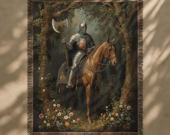 Medieval Tapestry Knight Decor, Forest Large Tapestry, Fantasy Book Throw Blanket, Dark Academia Woven Wall Hanging Floral Textile Wall Art