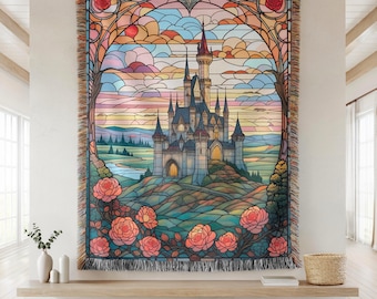 Stained Glass Castle Large Tapestry, Gothic Medieval Tapestry Blanket, Castlecore Woven Wall Hanging, Fantasy Cottagecore Textile Wall Art