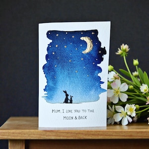 Carte aquarelle peinte à la main « Maman, je t'aime jusqu'à la lune et retour » | Carte pour la fête des mères | Carte d'anniversaire pour maman | Carte mignonne pour maman