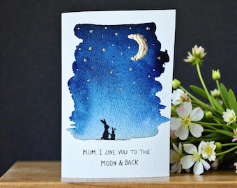 Handgemaltes Aquarell Mama ich liebe dich bis zum Mond & Rückkarte | Muttertagskarte | Mama Geburtstagskarte | Niedliche Mumie Karte