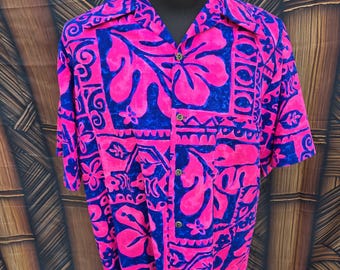 Vintage Mo Bettah Hawaiian Aloha Shirt In Pink And Blue m2004