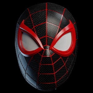 May include: A black and red Spider-Man mask with a textured surface and red web lines. The eye openings are outlined in red and have white mesh inserts. The mask is set against a black background.
